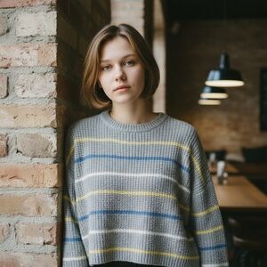 SO Gray Sweater with Blue and Yellow Stripes